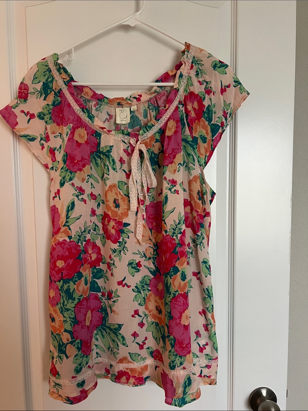 Cream Floral Lace-Trim Peasant Blouse with Pink & Green Print